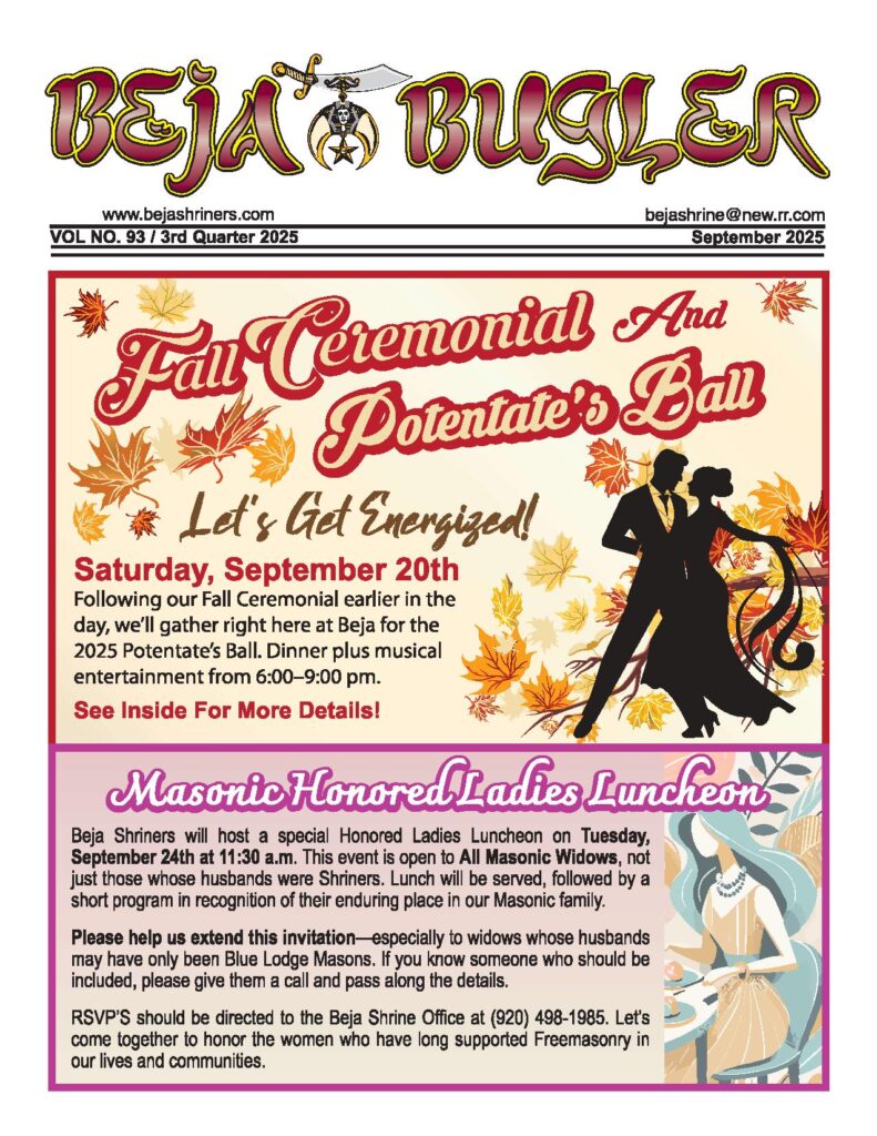 September 2025 Beja Bugler cover highlighting the Fall Ceremonial & Potentate’s Ball and Honored Ladies Luncheon.